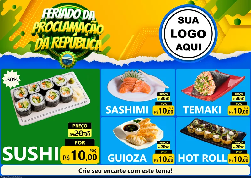 Modelo de Encarte para Encarte A4 Horizontal com o tema Feriado da Proclamação da República para Comida japonesa