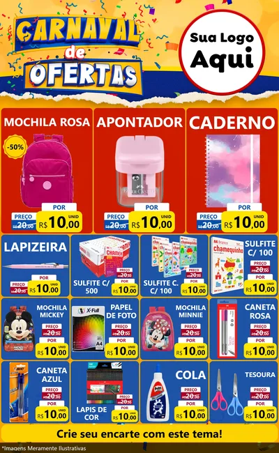 Modelo de Encarte para Encarte Grande com o tema Carnaval de Ofertas para Papelaria