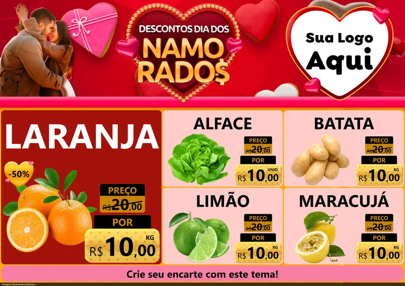 Modelo de Encarte para Encarte A4 Horizontal com o tema Descontos Dia dos Namorados para Hortifrúti