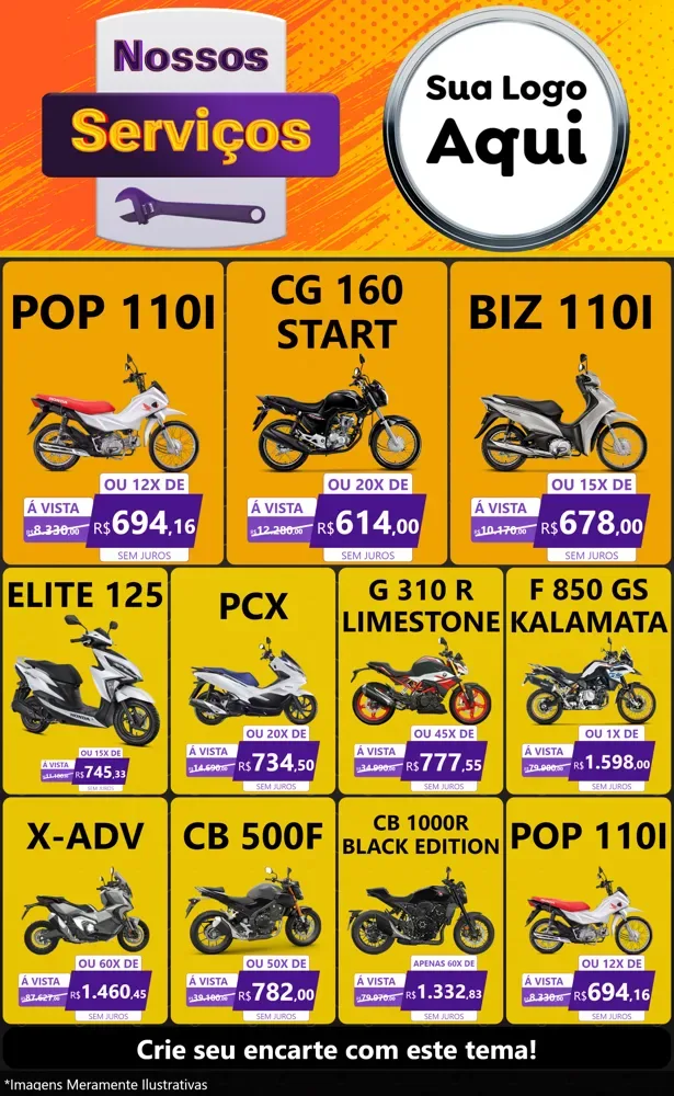 Modelo de Encarte para Encarte Grande com o tema Nossos Serviços para Concessionaria de Motos