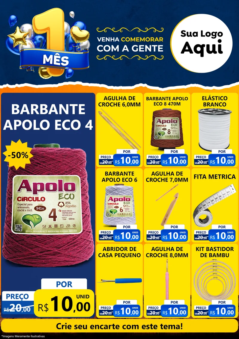 Modelo de Encarte para Encarte A4 Vertical com o tema Um Mês de Aniversário para Armarinho e Aviamentos