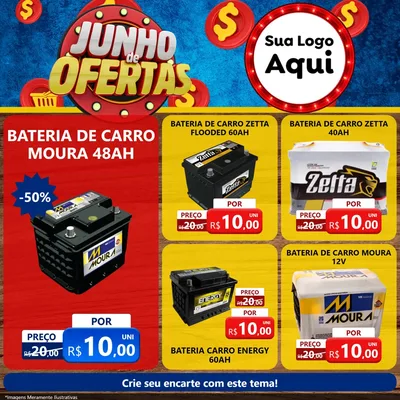 Modelo de Rede Social para Feed Facebook com o tema Junho de Ofertas para Baterias Elétricas