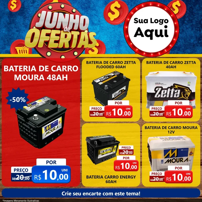 Modelo de Rede Social para Feed Facebook com o tema Junho de Ofertas para Baterias Elétricas