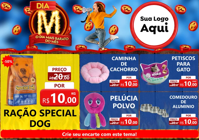 Modelo de Encarte para Encarte A4 Horizontal com o tema Dia M - O Dia Mais Barato Do Mês para Pet Shop