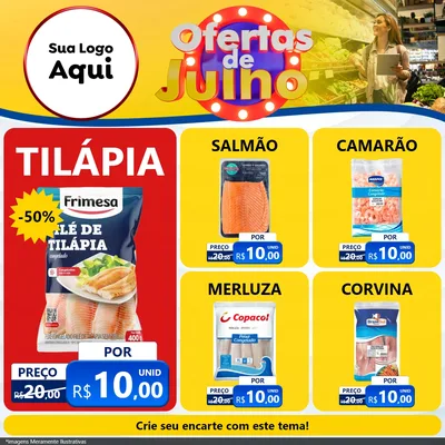 Modelo de Rede Social para Feed Facebook com o tema Ofertas de Julho para Peixaria