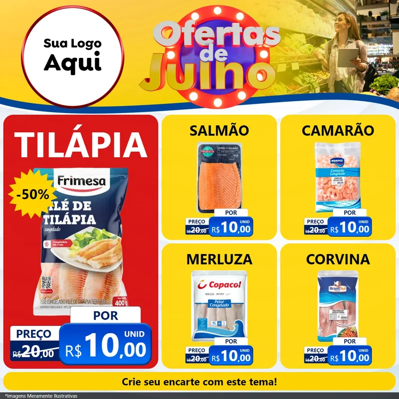 Modelo de Rede Social para Feed Facebook com o tema Ofertas de Julho para Peixaria