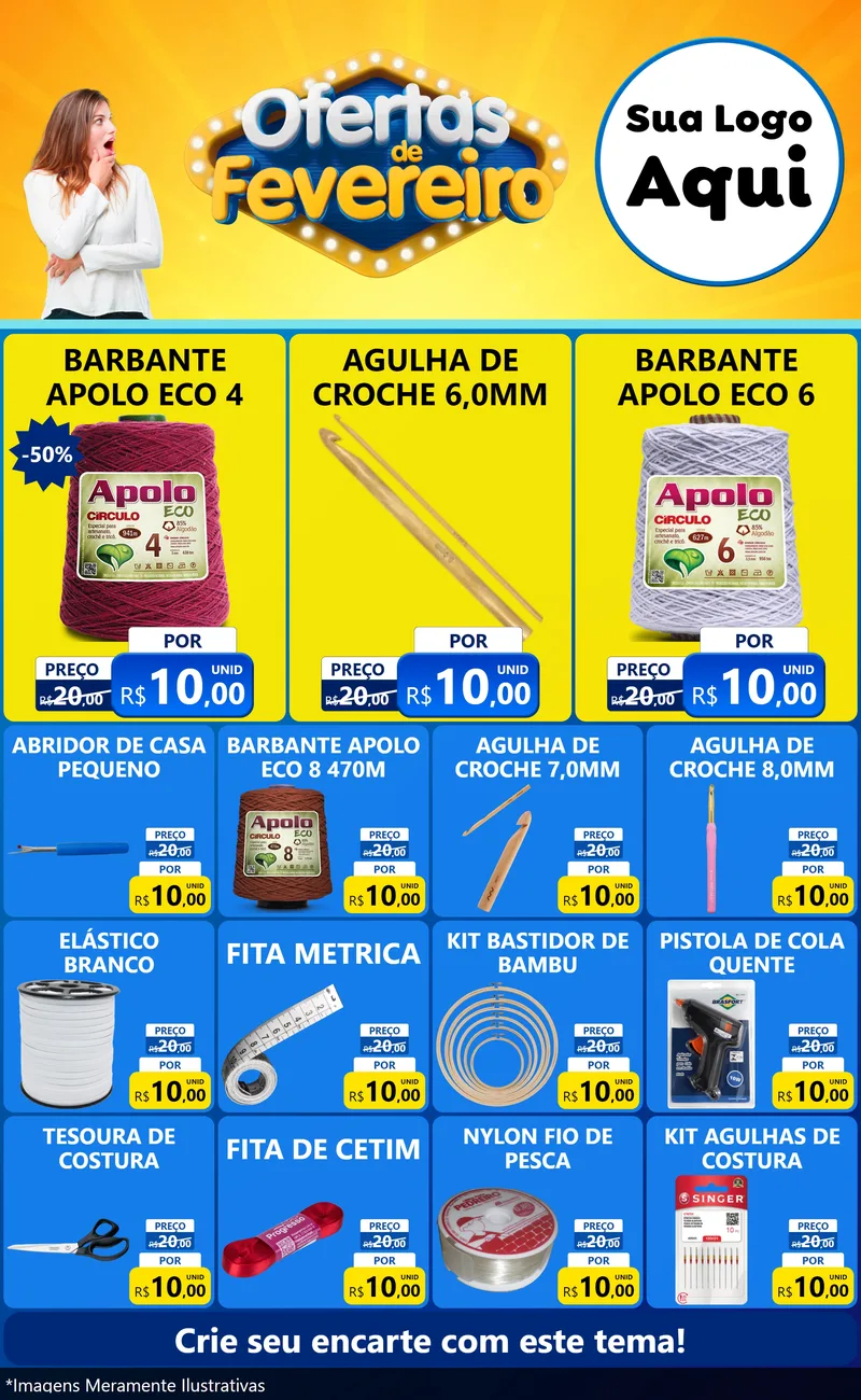 Modelo de Encarte para Encarte Grande com o tema Ofertas de Fevereiro para Armarinho e Aviamentos