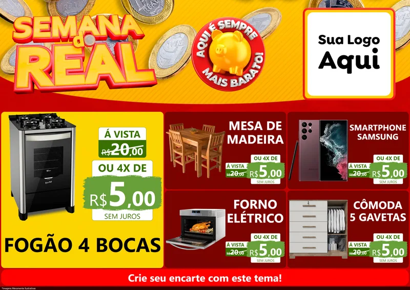 Modelo de Encarte para Encarte A4 Horizontal com o tema Semana do Real para Móveis e Eletro