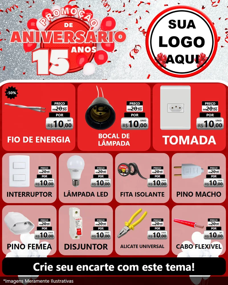 Modelo de Rede Social para Feed Instagram com o tema Promoção de Aniversário - 15 Anos para Materiais Elétricos