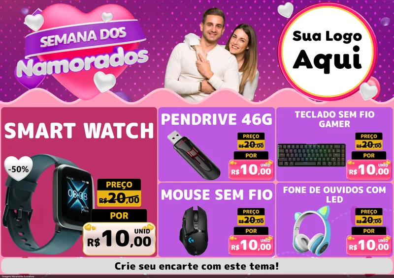 Modelo de Encarte para Encarte A4 Horizontal com o tema Semana dos Namorados para Informática