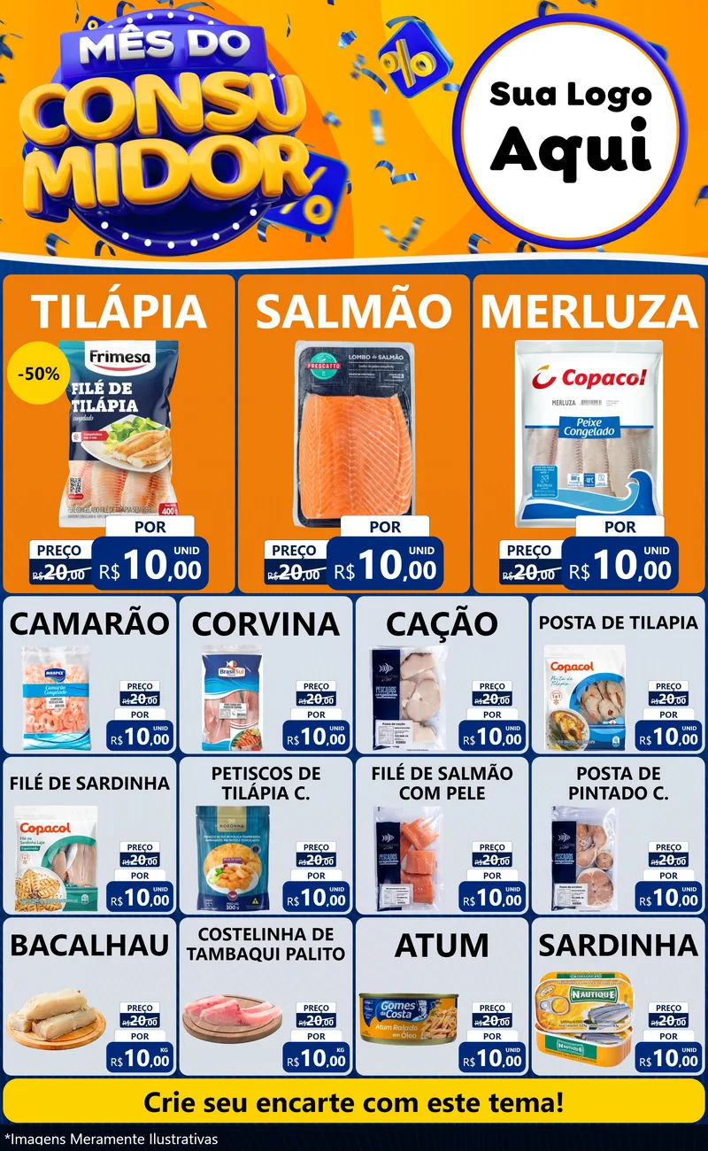 Modelo de Encarte para Encarte Grande com o tema Mês do Consumidor para Peixaria