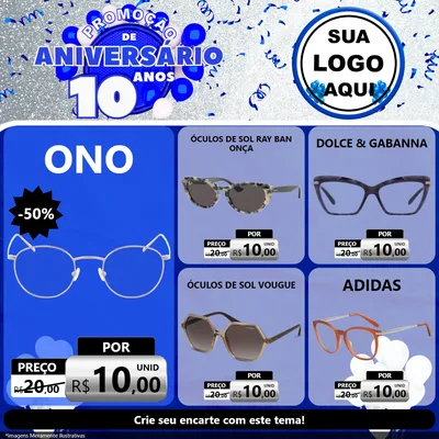 Modelo de Rede Social para Feed Facebook com o tema Promoção de Aniversário - 10 Anos para Óticas