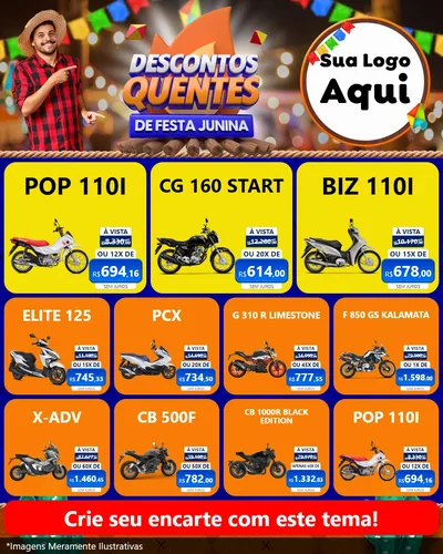 Modelo de Rede Social para Feed Instagram com o tema Descontos Quentes de Festa Junina para Concessionaria de Motos