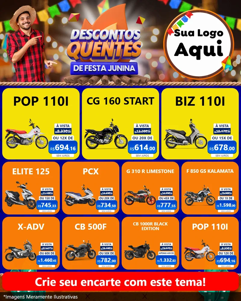 Modelo de Rede Social para Feed Instagram com o tema Descontos Quentes de Festa Junina para Concessionaria de Motos