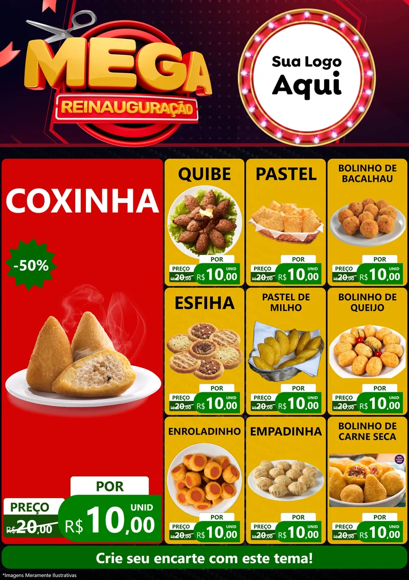Modelo de Encarte para Encarte A4 Vertical com o tema Mega Reinauguração para Salgadaria