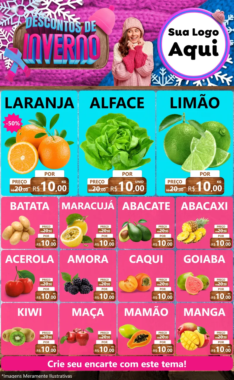 Modelo de Encarte para Encarte Grande com o tema Descontos de Inverno para Hortifrúti