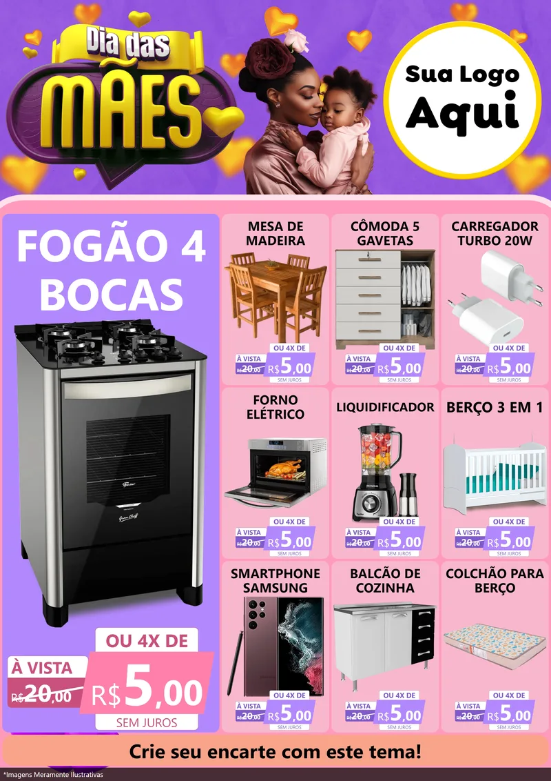 Modelo de Encarte para Encarte A4 Vertical com o tema Dia das Mães para Móveis e Eletro
