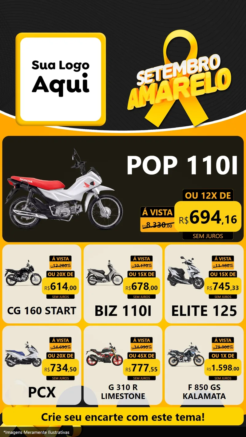 Modelo de Rede Social para Stories com o tema Setembro Amarelo para Concessionaria de Motos