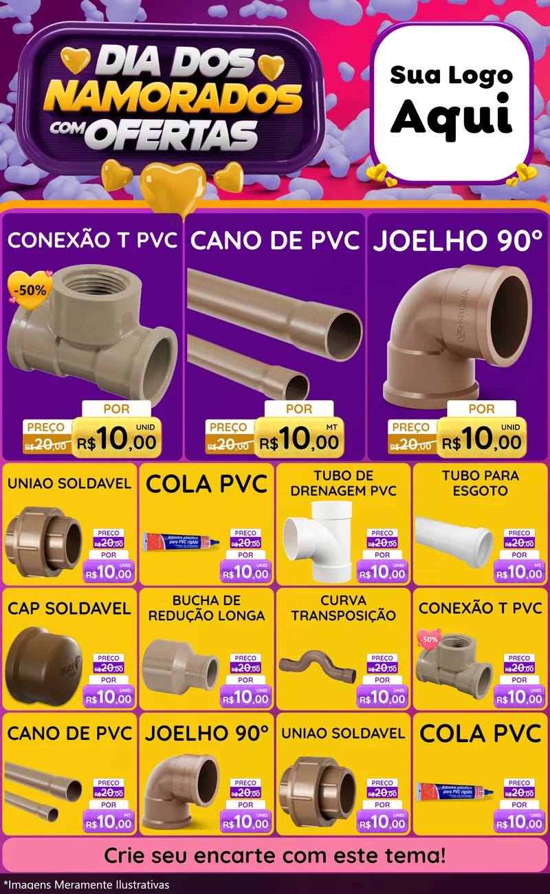 Modelo de Encarte para Encarte Grande com o tema Dia Dos Namorados Com Ofertas para Tubos e conexões