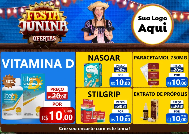 Modelo de Encarte para Encarte A4 Horizontal com o tema Festa Junina Ofertas para Farmácia