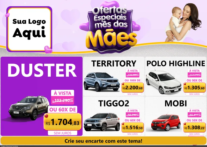 Modelo de Encarte para Encarte A4 Horizontal com o tema Ofertas Especiais - Mês das Mães para Concessionaria de Carros
