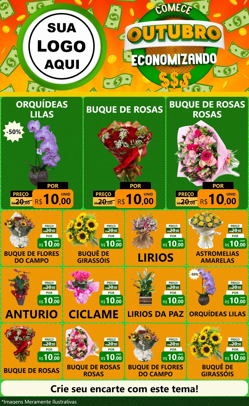 Modelo de Encarte para Encarte Grande com o tema Comece Outubro Economizando para Floricultura e jardim