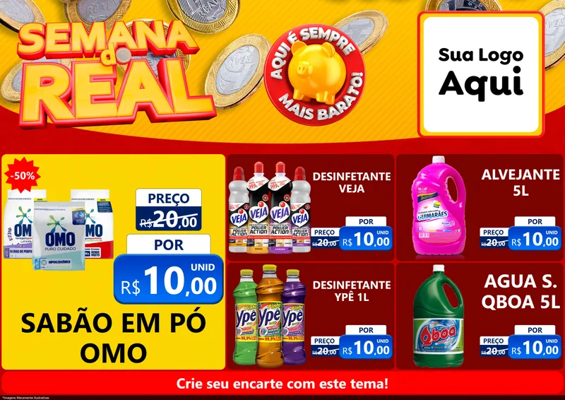 Modelo de Encarte para Encarte A4 Horizontal com o tema Semana do Real para Produtos de Limpeza