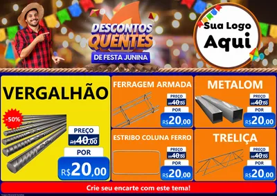 Modelo de Encarte para Encarte A4 Horizontal com o tema Descontos Quentes de Festa Junina para Ferragens