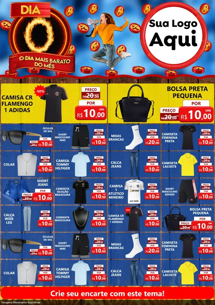 Modelo de Encarte para Encarte A4 Vertical com o tema Dia O - O Dia Mais Barato Do Mês para Roupas e acessórios