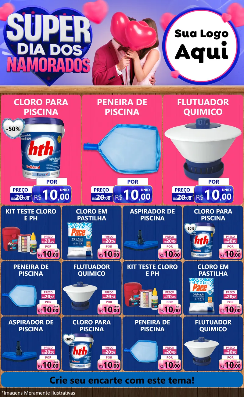 Modelo de Encarte para Encarte Grande com o tema Super Dia dos Namorados para Produtos para Piscina