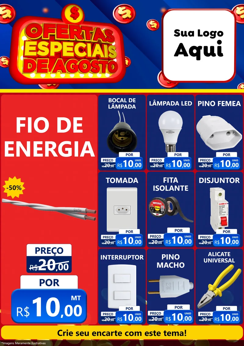 Modelo de Encarte para Encarte A4 Vertical com o tema Ofertas Especiais de Agosto para Materiais Elétricos