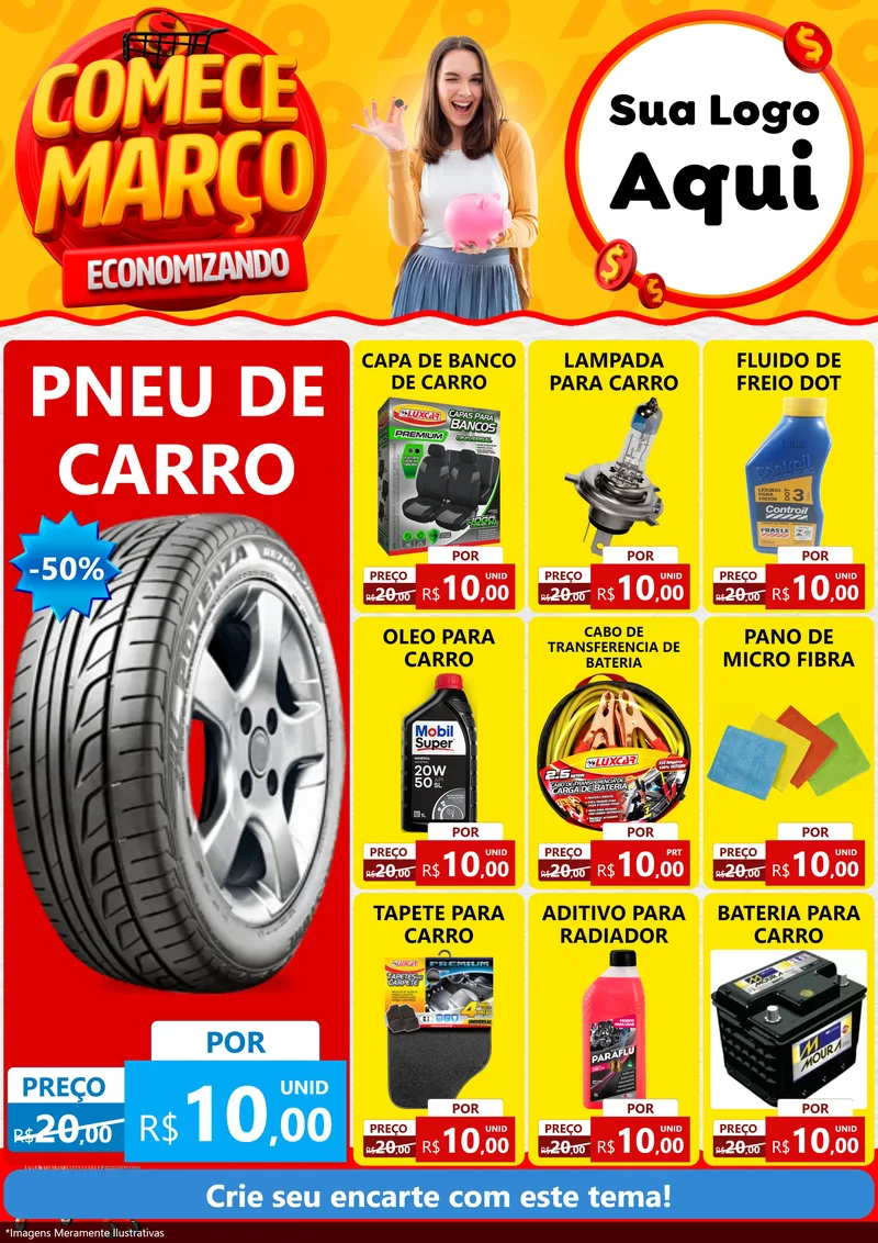 Modelo de Encarte para Encarte A4 Vertical com o tema Comece Março Economizando para Auto peças