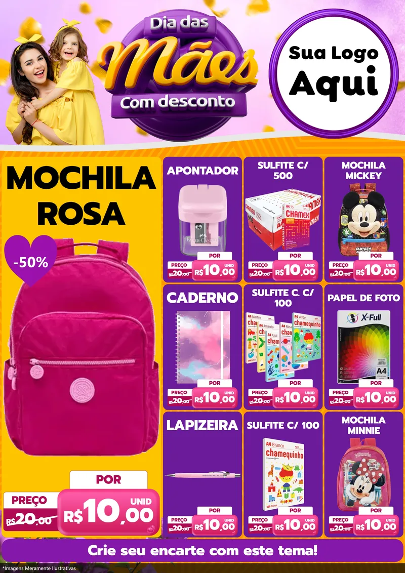 Modelo de Encarte para Encarte A4 Vertical com o tema Dia das Mães com Desconto para Papelaria