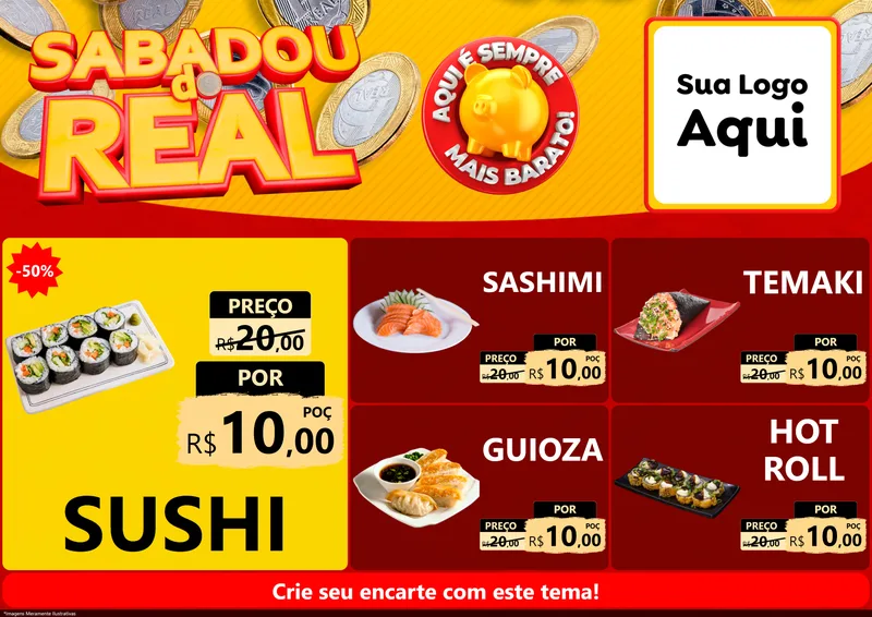 Modelo de Encarte para Encarte A4 Horizontal com o tema Sabadou do Real para Comida japonesa