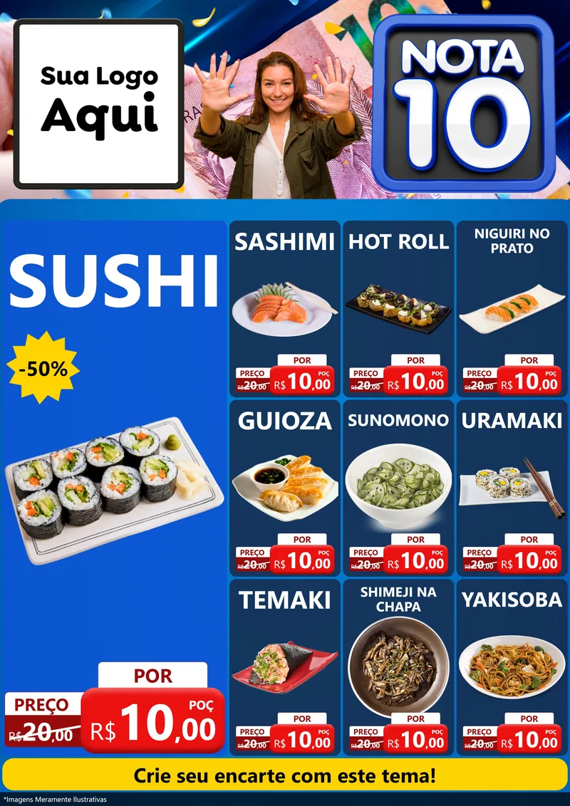 Modelo de Encarte para Encarte A4 Vertical com o tema Nota 10 para Comida japonesa