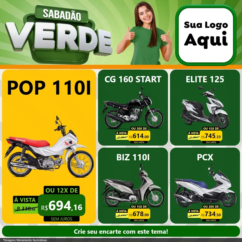 Modelo de Rede Social para Feed Facebook com o tema Sabadão Verde para Concessionaria de Motos