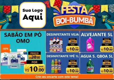 Modelo de Encarte para Encarte A4 Horizontal com o tema Festa Boi Bumbá para Produtos de Limpeza
