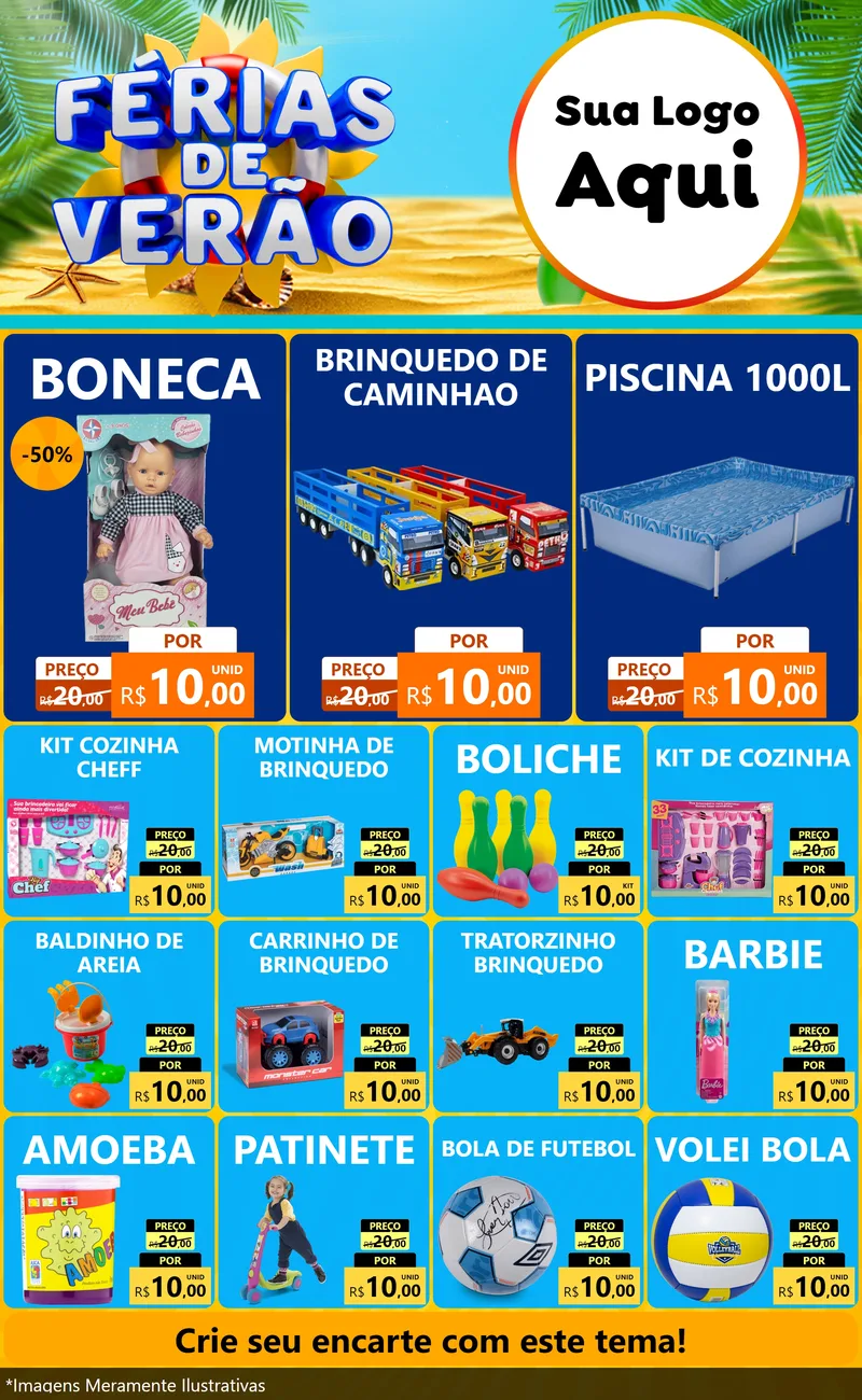 Modelo de Encarte para Encarte Grande com o tema Férias de Verão para Brinquedos