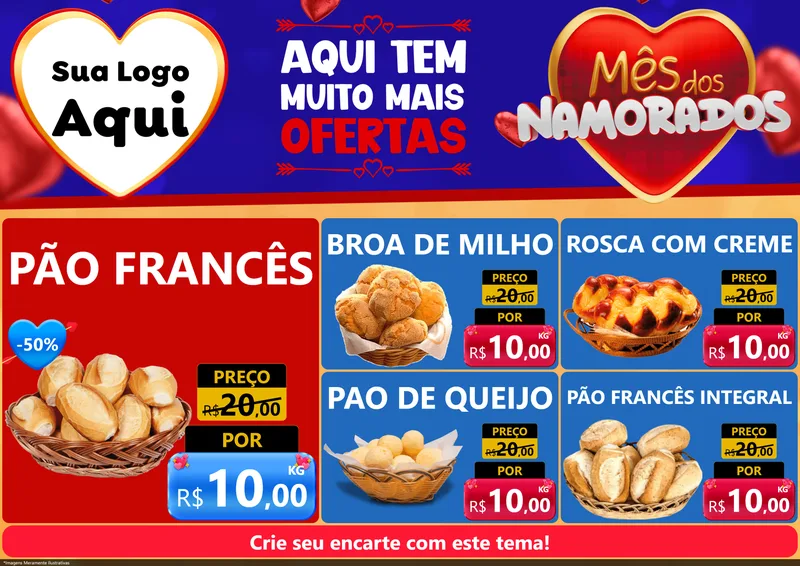 Modelo de Encarte para Encarte A4 Horizontal com o tema Mês dos Namorados para Padaria