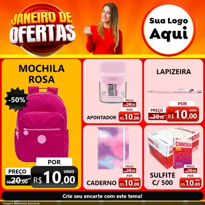 Modelo de Rede Social para Feed Facebook com o tema Janeiro de Ofertas para Papelaria