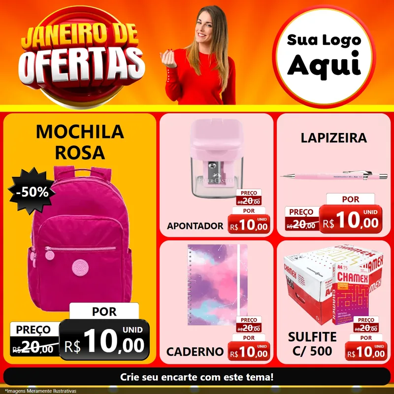 Modelo de Rede Social para Feed Facebook com o tema Janeiro de Ofertas para Papelaria