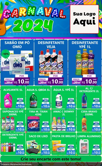 Modelo de Encarte para Encarte Grande com o tema Carnaval 2027 para Produtos de Limpeza