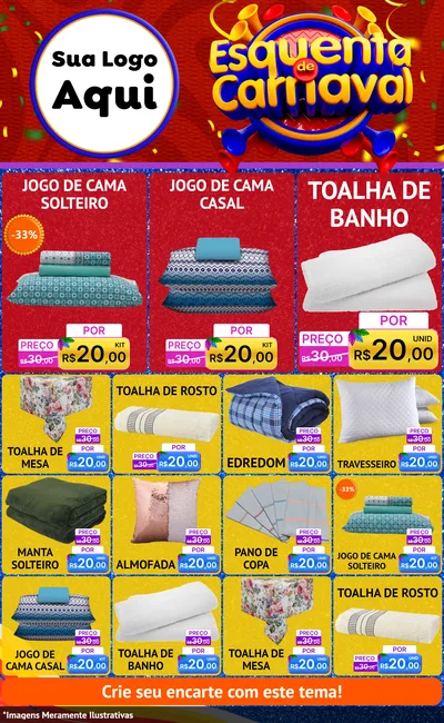 Modelo de Encarte para Encarte Grande com o tema Esquenta de Carnaval para Cama, Mesa e Banho