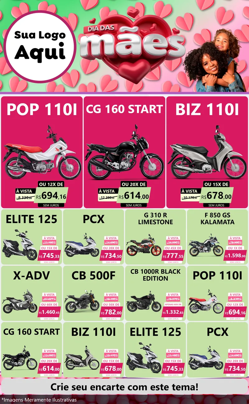 Modelo de Encarte para Encarte Grande com o tema Dia das Mães para Concessionaria de Motos