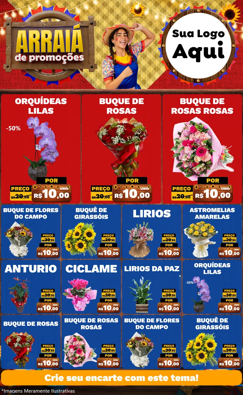 Modelo de Encarte para Encarte Grande com o tema Arraiá de Promoções para Floricultura e jardim
