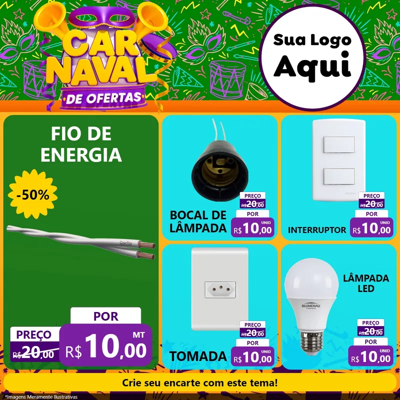 Modelo de Rede Social para Feed Facebook com o tema Carnaval de Ofertas para Materiais Elétricos