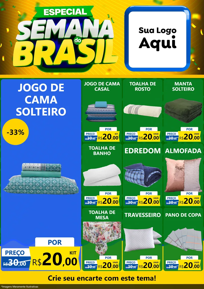 Modelo de Encarte para Encarte A4 Vertical com o tema Especial Semana do Brasil para Cama, Mesa e Banho