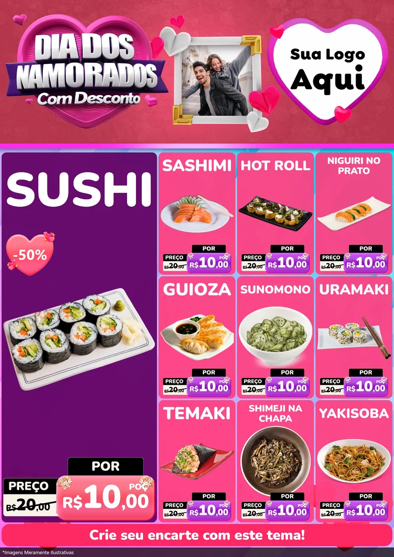 Modelo de Encarte para Encarte A4 Vertical com o tema Dia Dos Namorados Com Desconto para Comida japonesa
