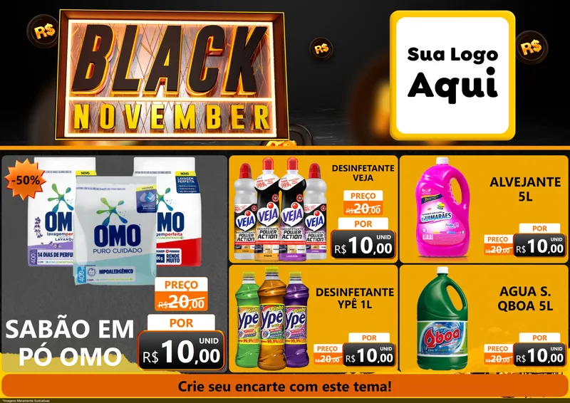 Modelo de Encarte para Encarte A4 Horizontal com o tema Black November para Produtos de Limpeza