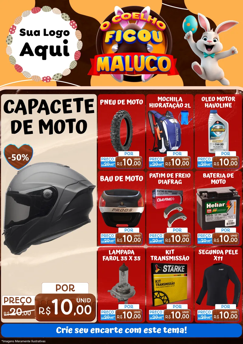 Modelo de Encarte para Encarte A4 Vertical com o tema O Coelho Ficou Maluco - Páscoa para Moto peças
